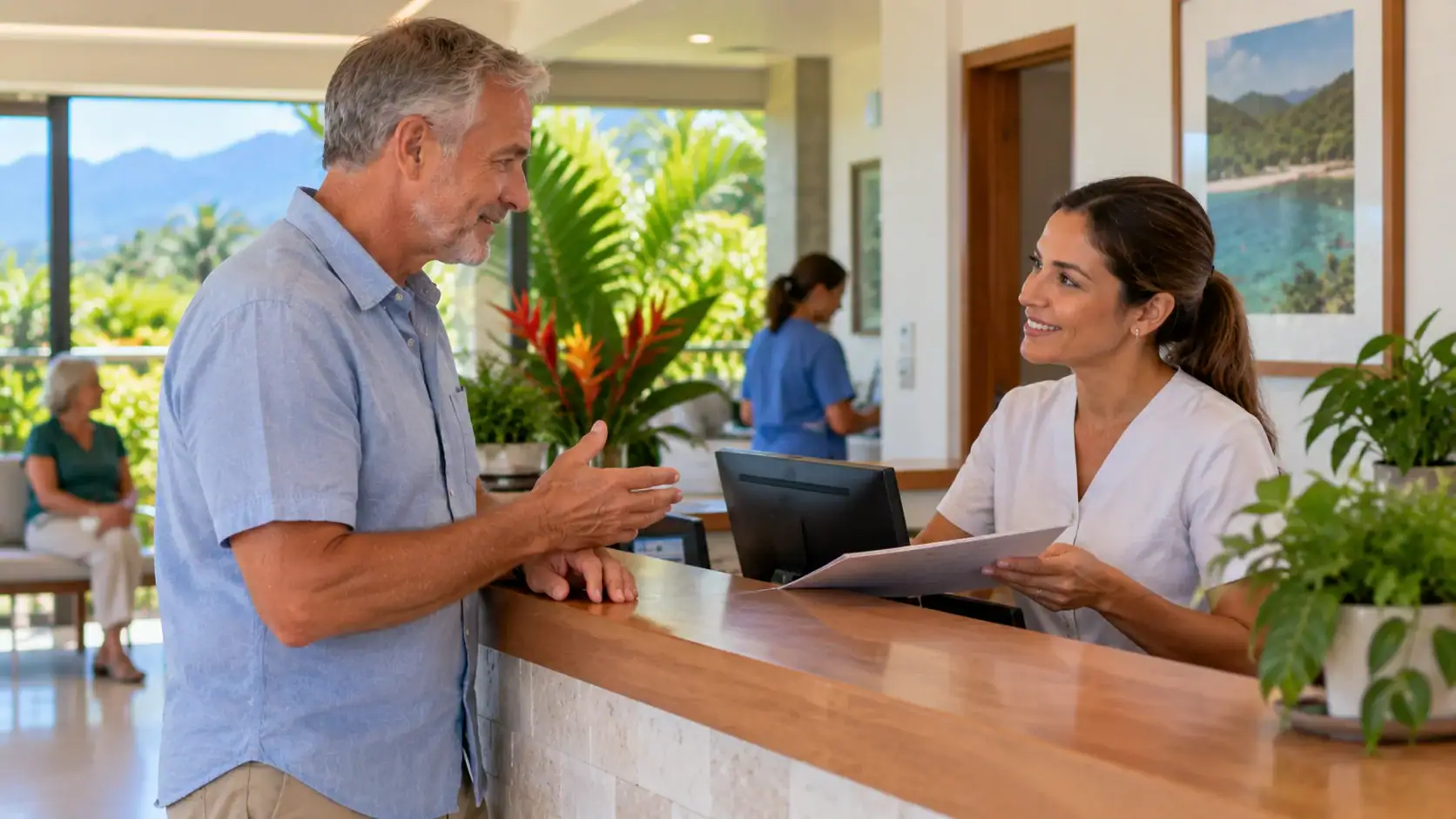 A man asking a receptionist about medical exam costs at a clinic counter