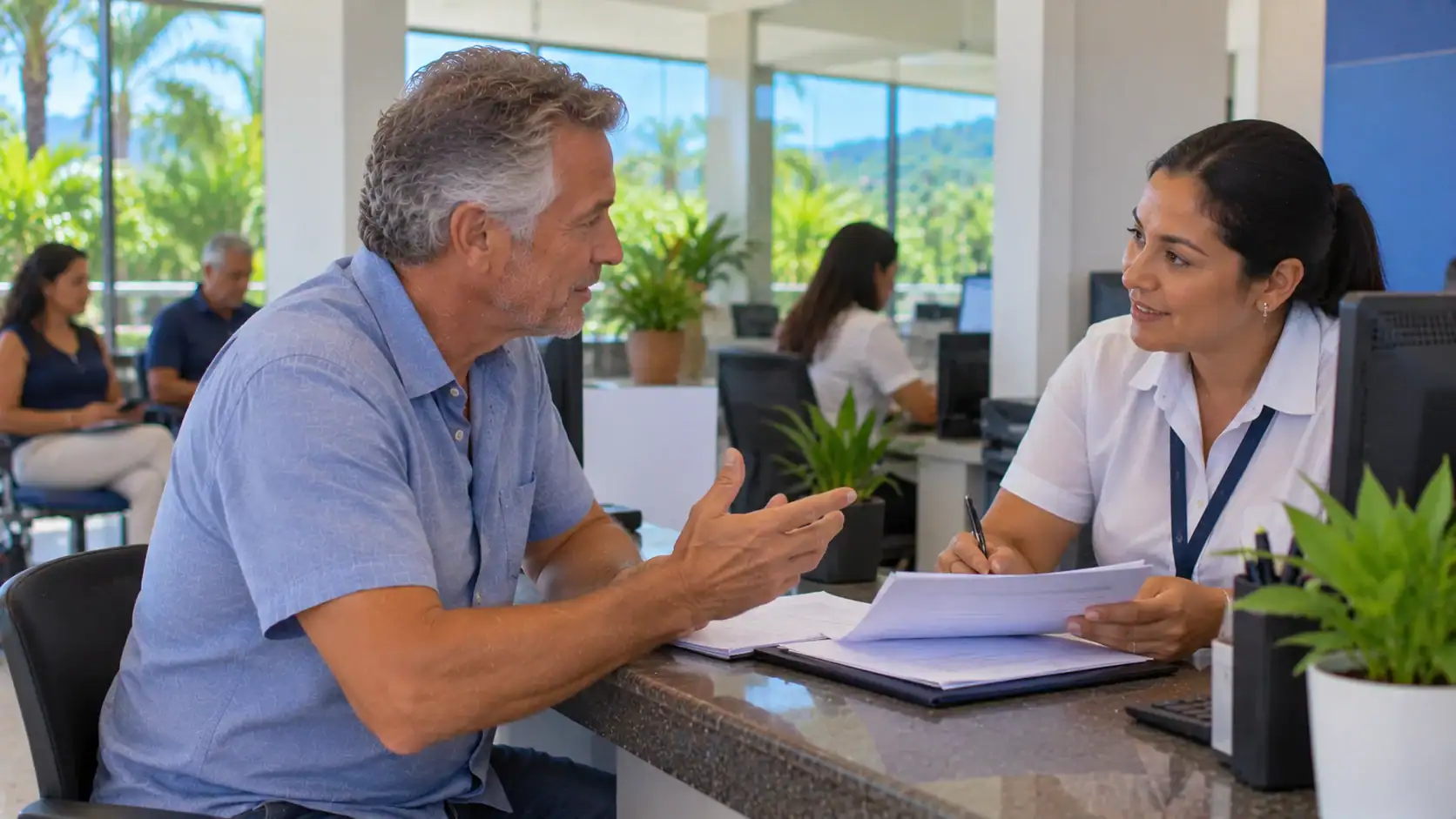 A man asking a social security officer about insurance at a CCSS office