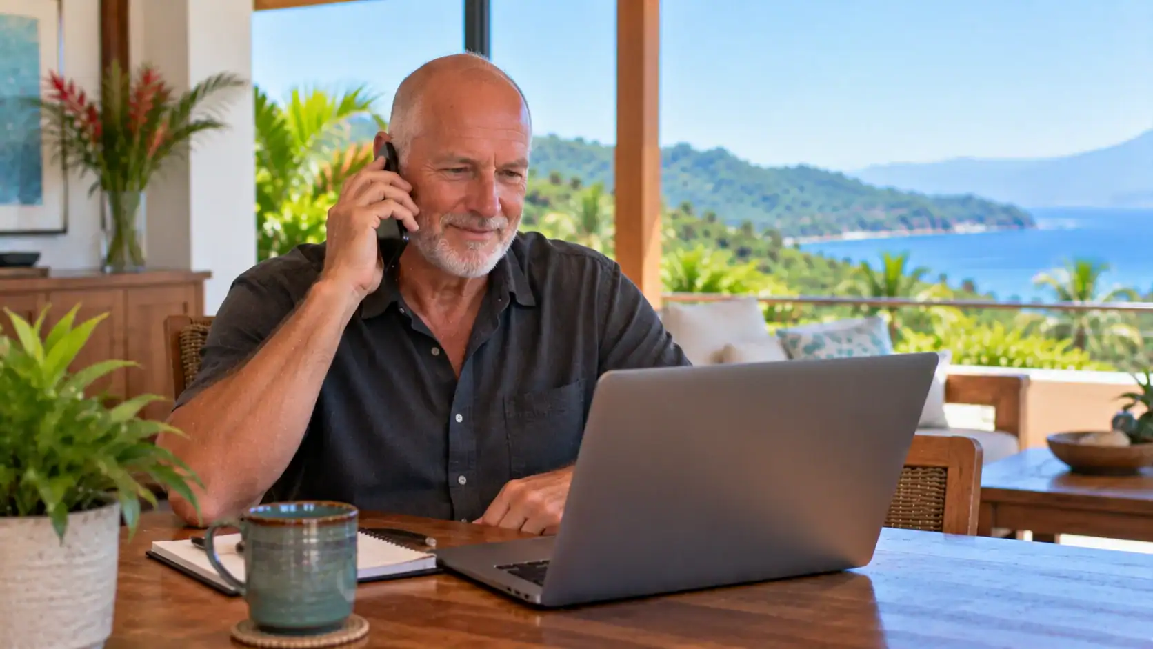 A man calling a helpline while looking at his laptop