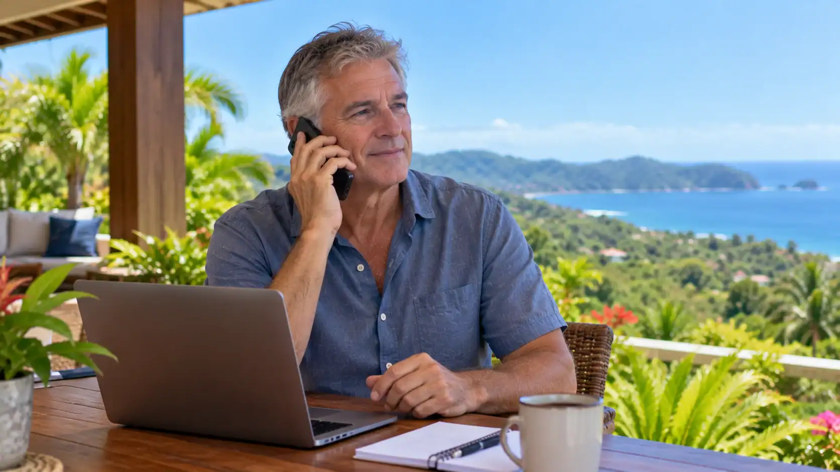 A man calling his embassy from a terrace in Costa Rica
