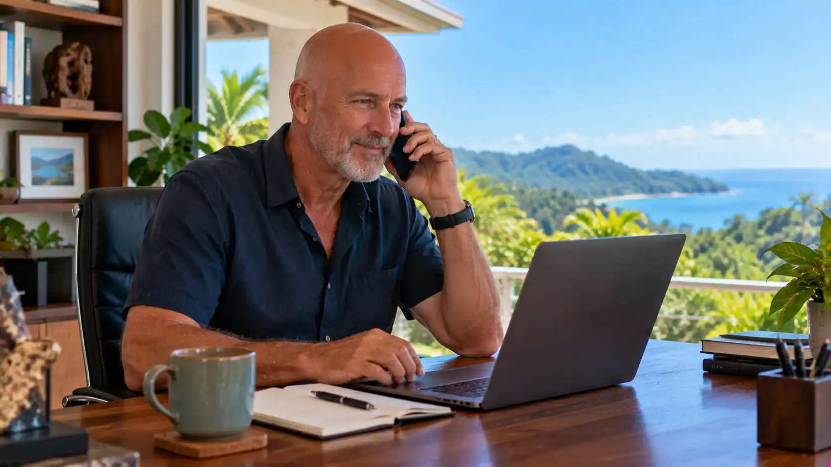 A man calling the immigration call center from his home office