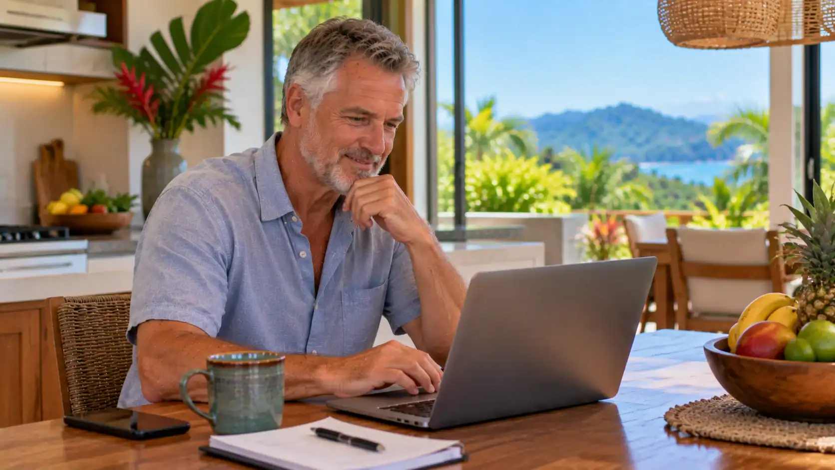 A man checking an online application status on a laptop at a kitchen table