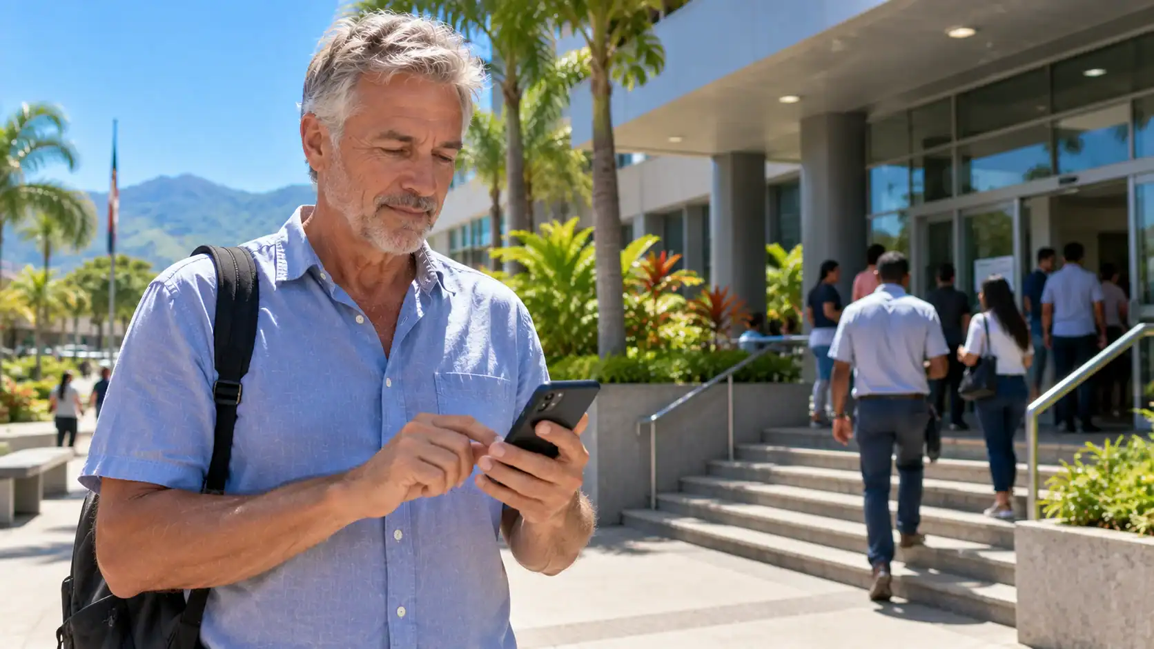 A man checking his appointment time on a phone outside a government office