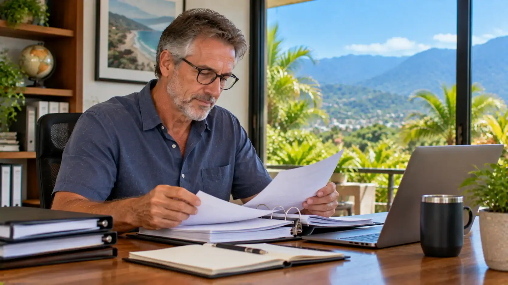 A man checking his company's corporate book and records at a desk