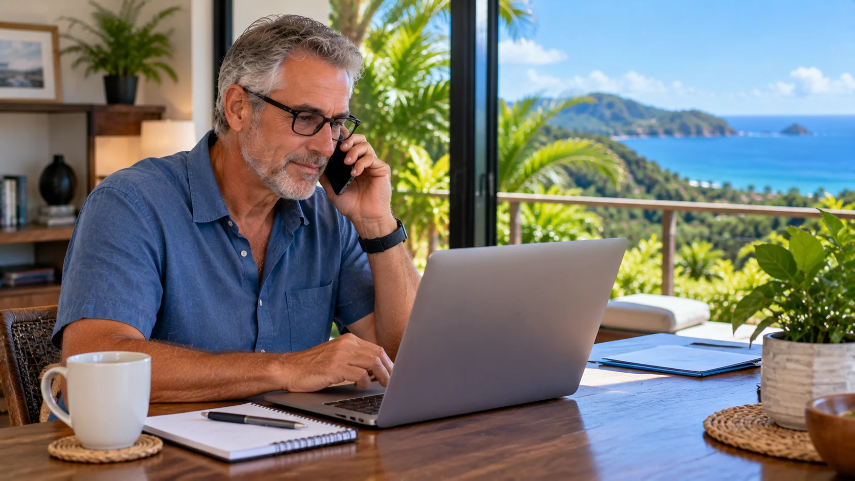 A man checking his immigration file status on a laptop while on the phone