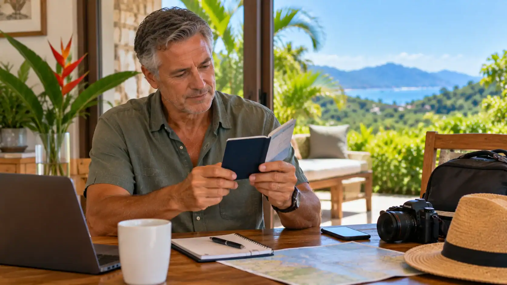 A man checking his passport expiry date at home before a trip