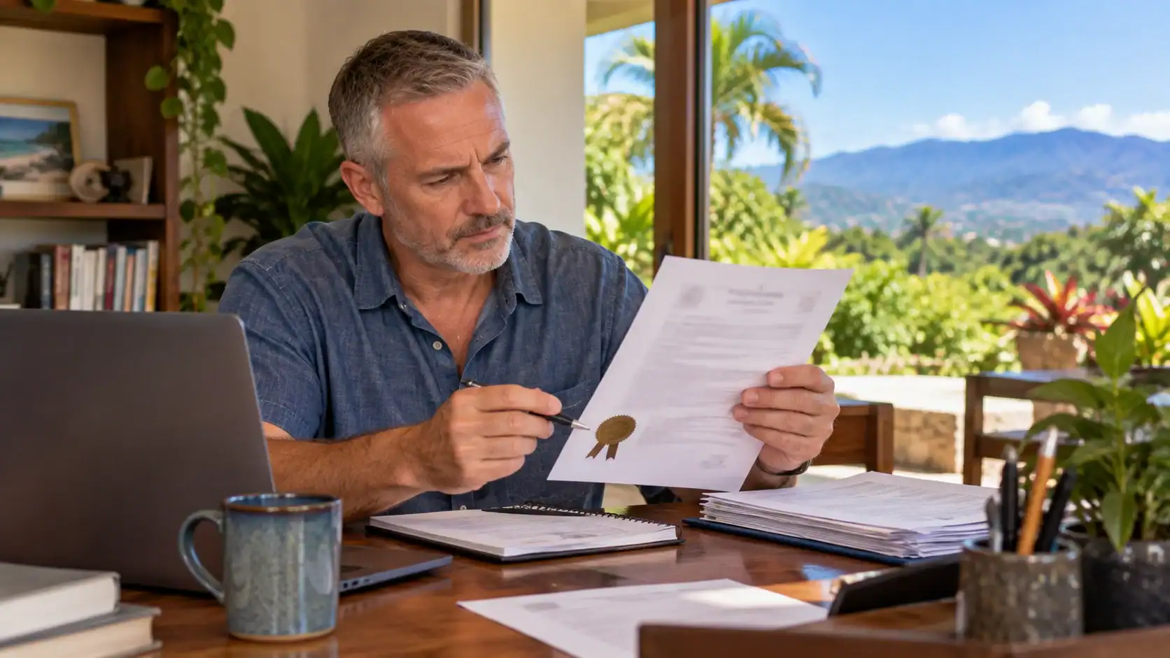 A man checking the issue date on an apostilled background check at his desk, text unreadable