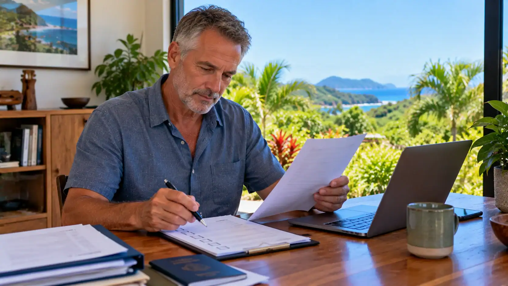 A man comparing his evidence with a requirements checklist at his desk