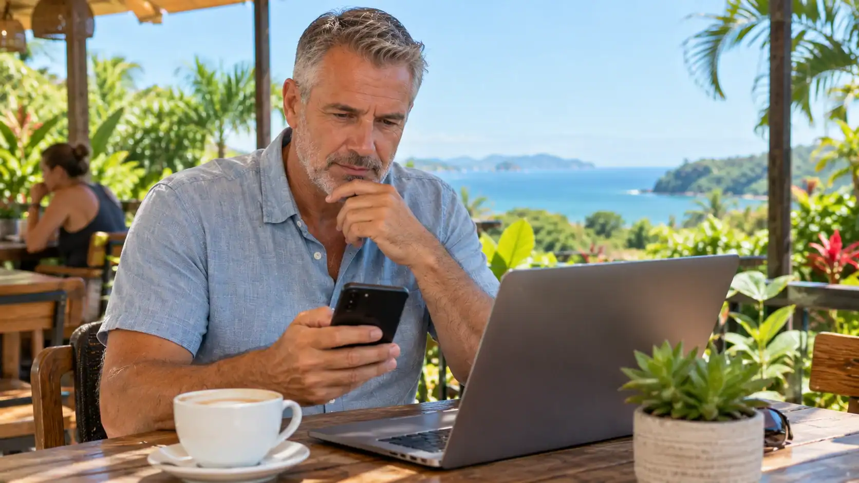 A man comparing money transfer options on a laptop and phone at a cafe table