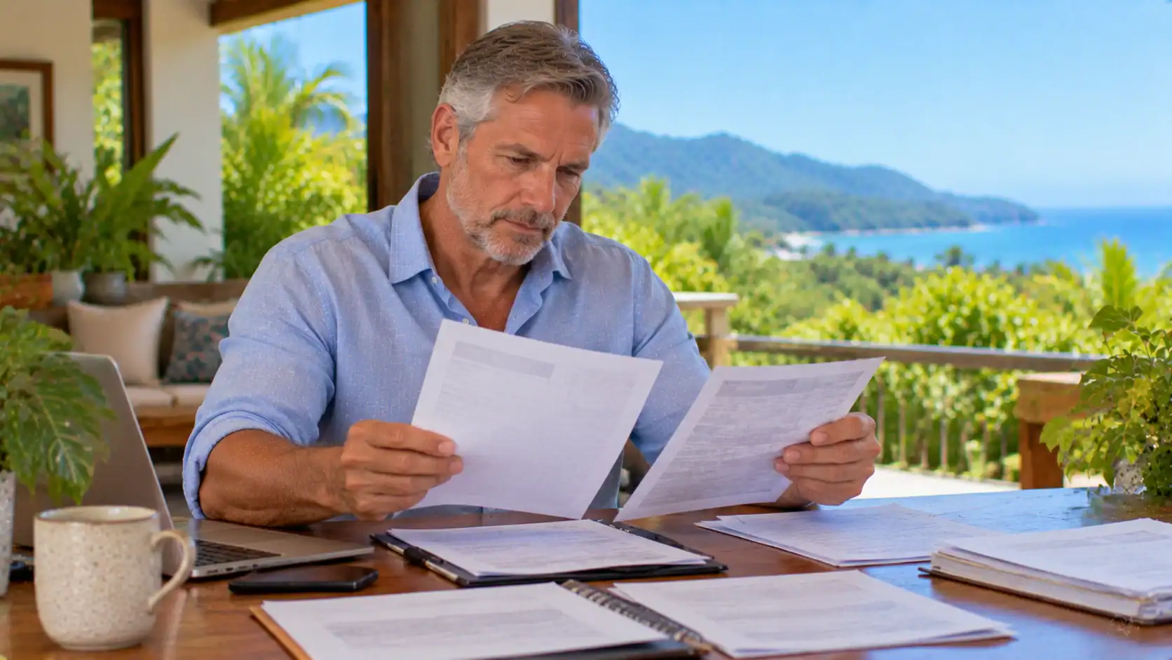 A man comparing original documents with photocopies on a desk