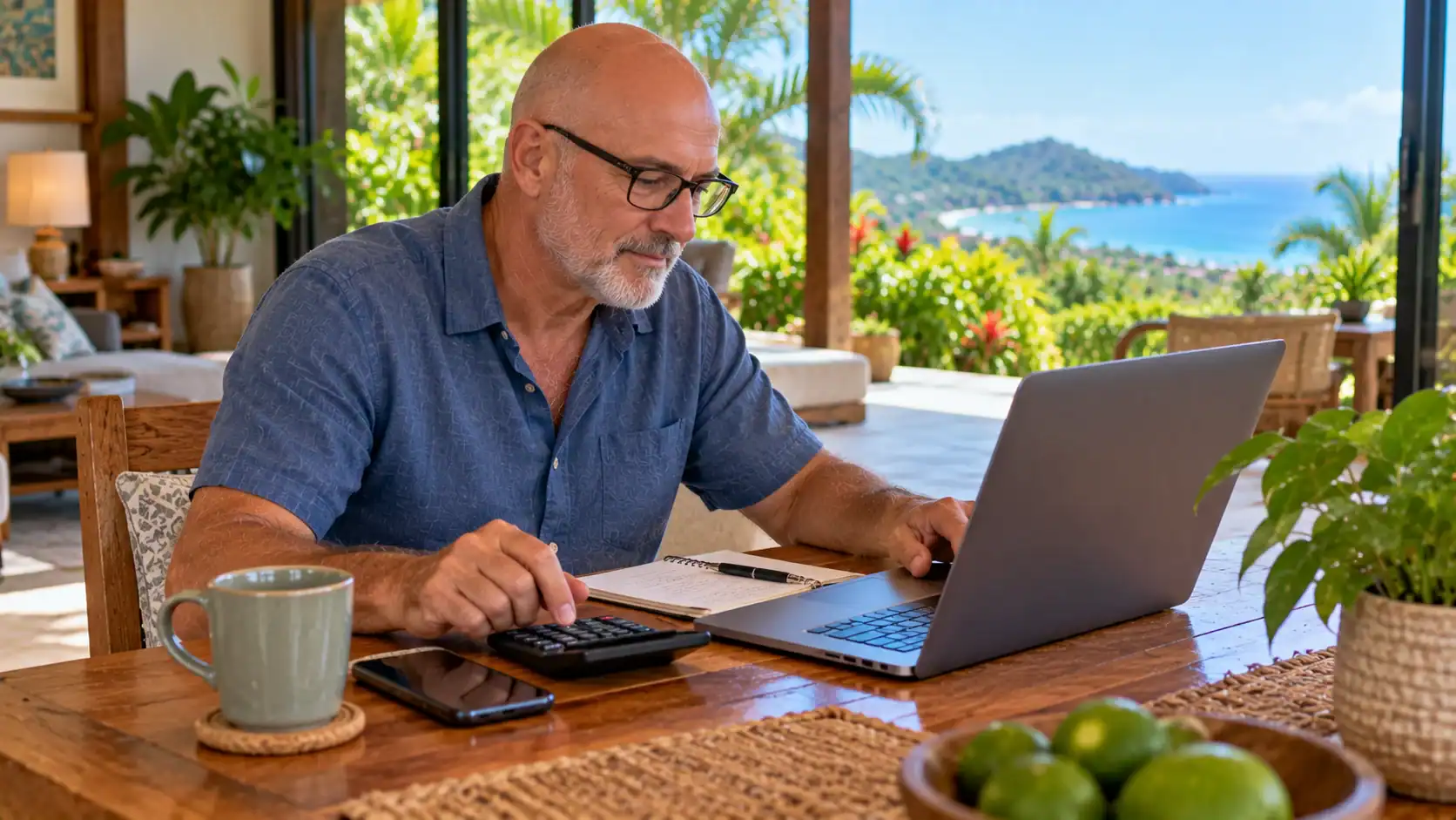 A man comparing the delivered cost of an online order on a laptop in Costa Rica