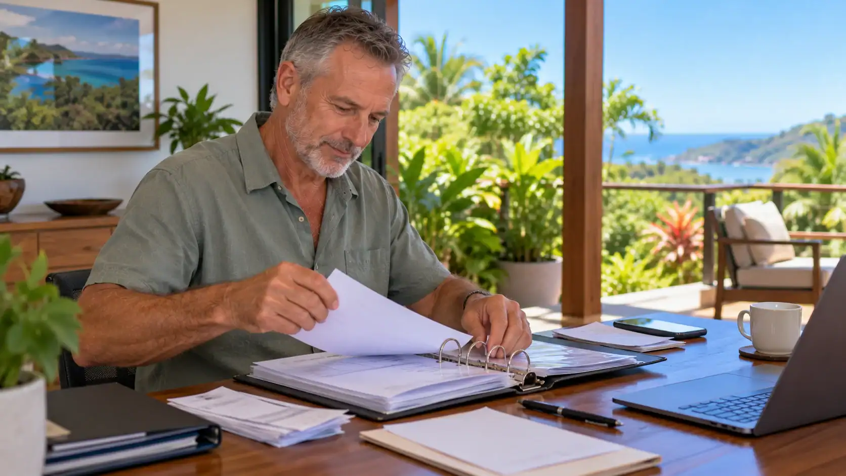 A man filing appointment receipts and copies into a binder at home in Costa Rica