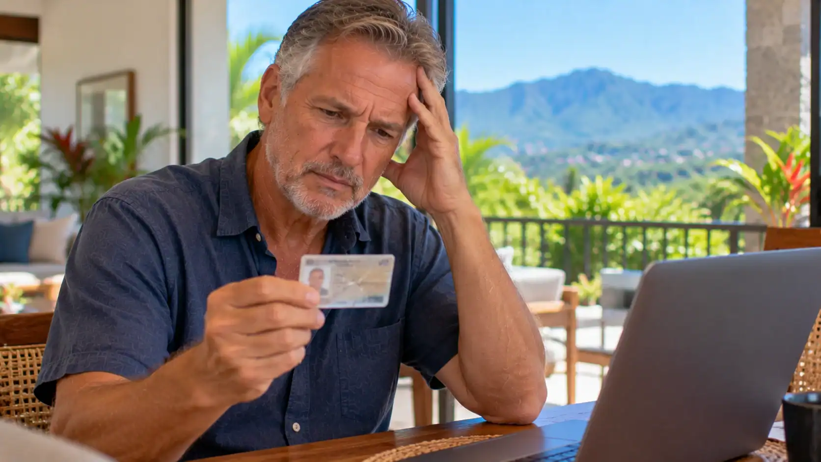 A man holding a cracked plastic ID card, looking concerned at home