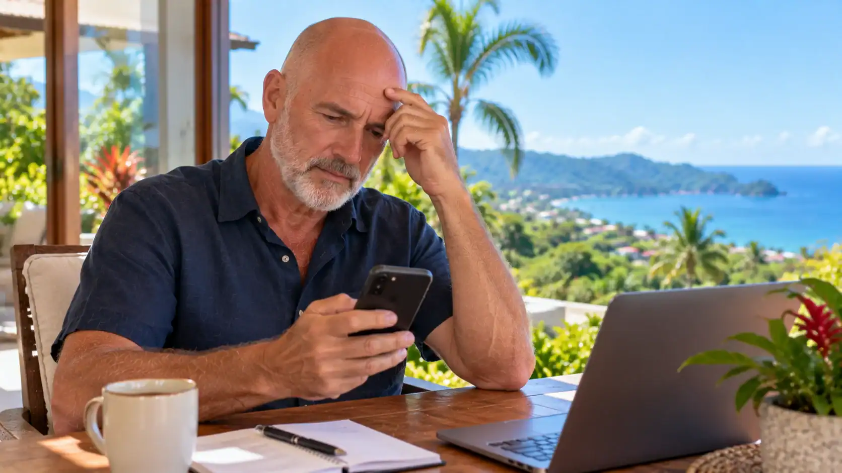 A man looking at the calendar on his phone with concern