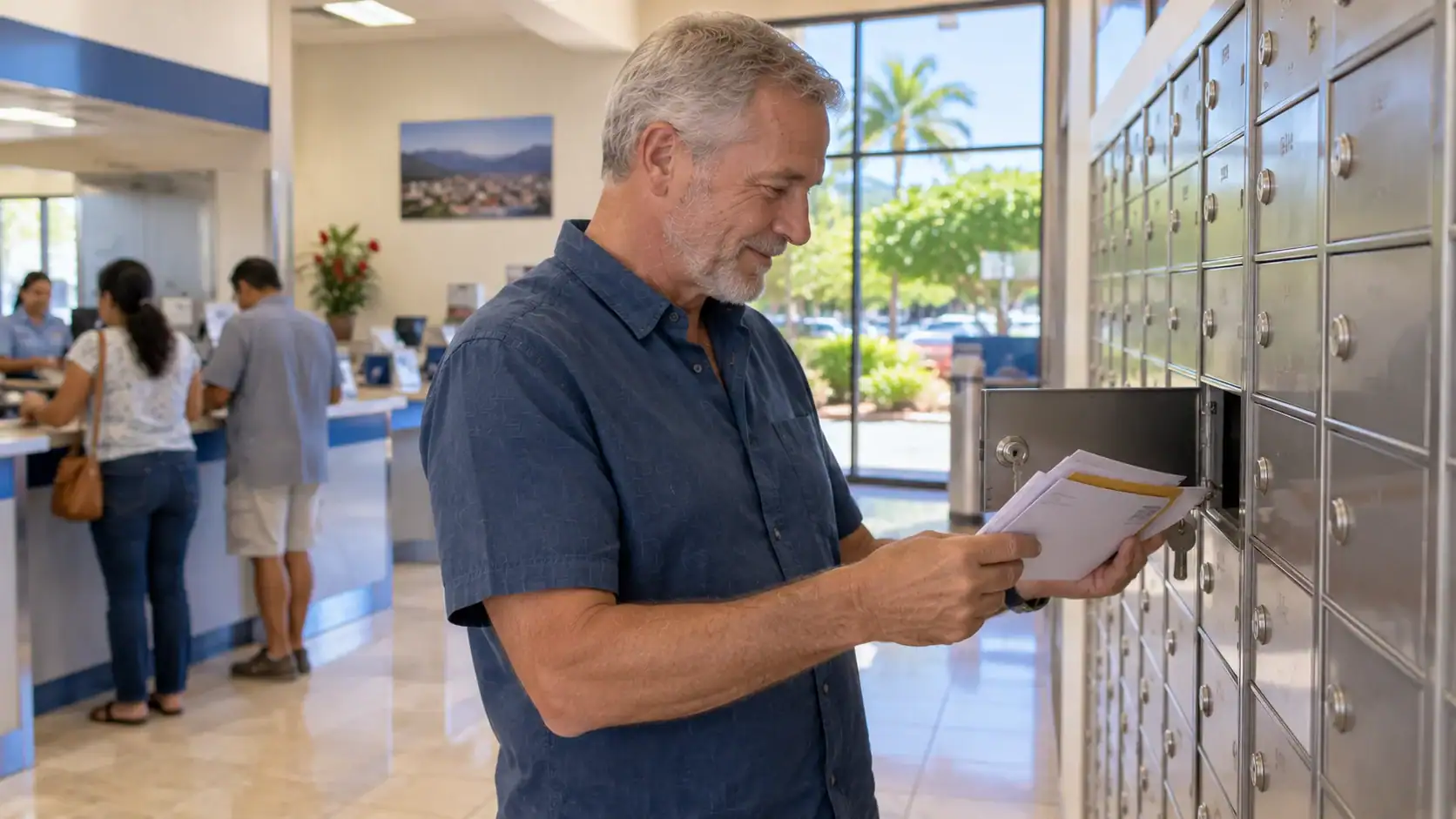 A man opening a small post-office box inside a post office in Costa Rica