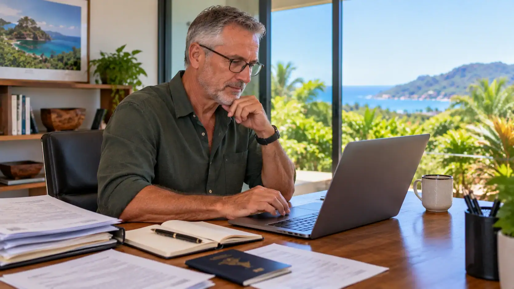 A man ordering certified court records on a laptop at his home office in Costa Rica