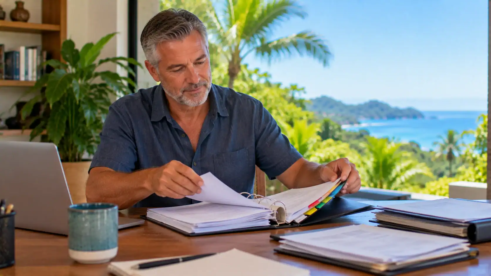 A man organizing an application binder with tabs on a desk