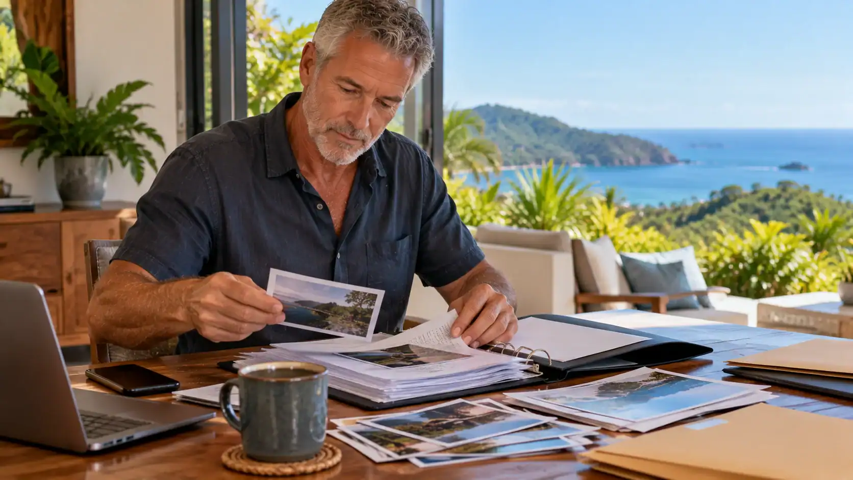 A man organizing photos and documents as evidence in a folder