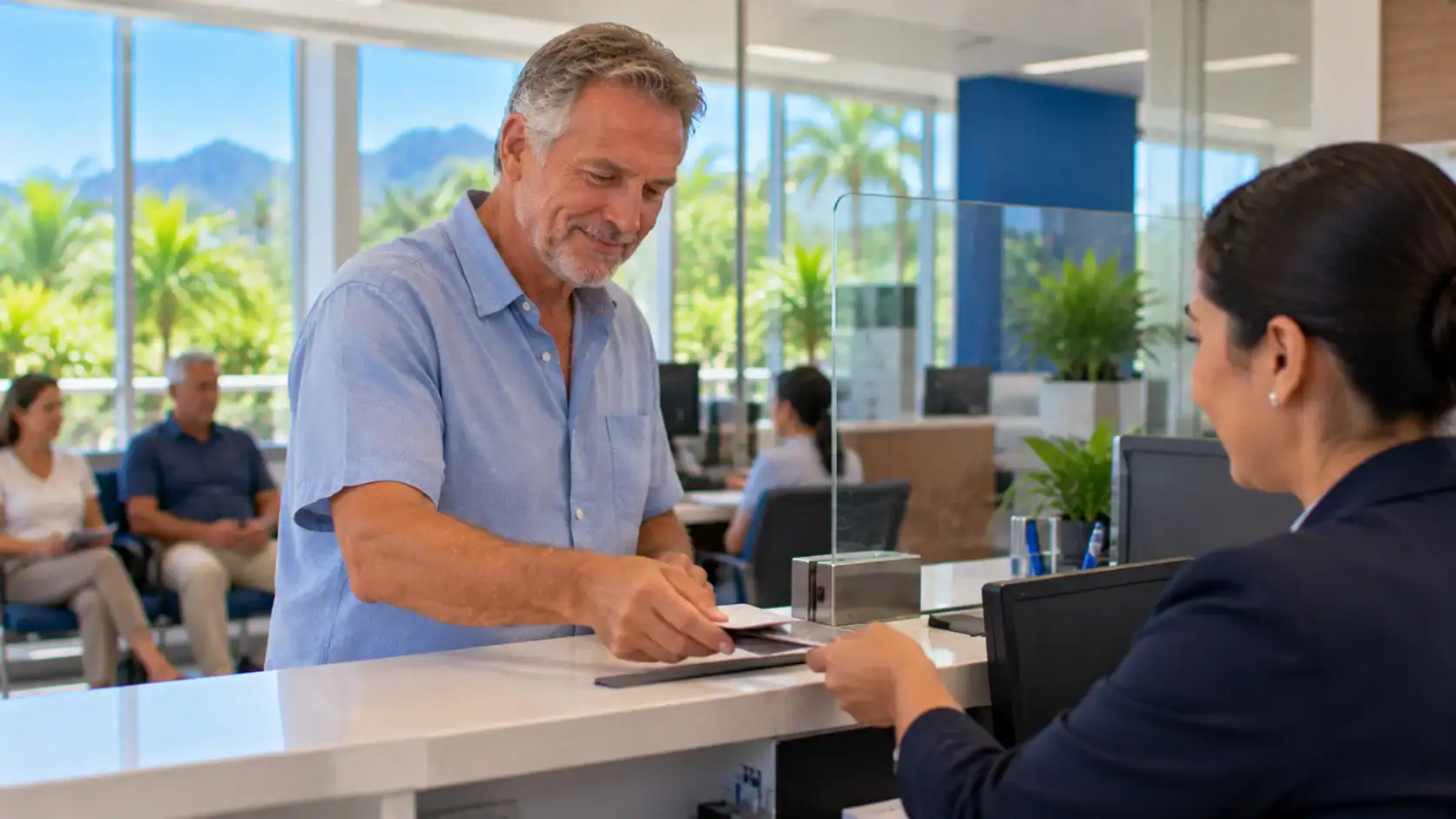 A man paying a replacement fee at a bank counter