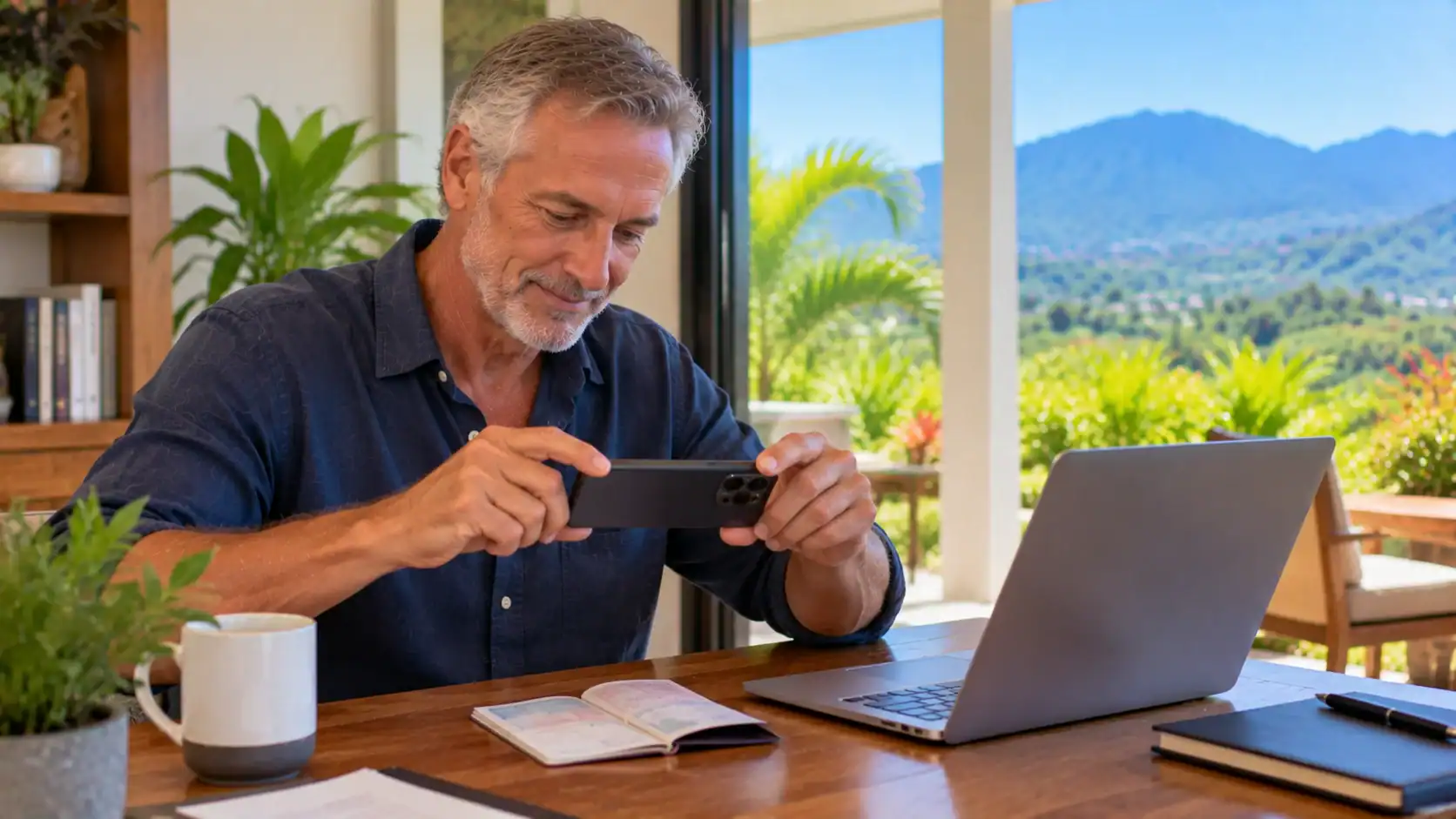 A man photographing his new passport pages at a desk