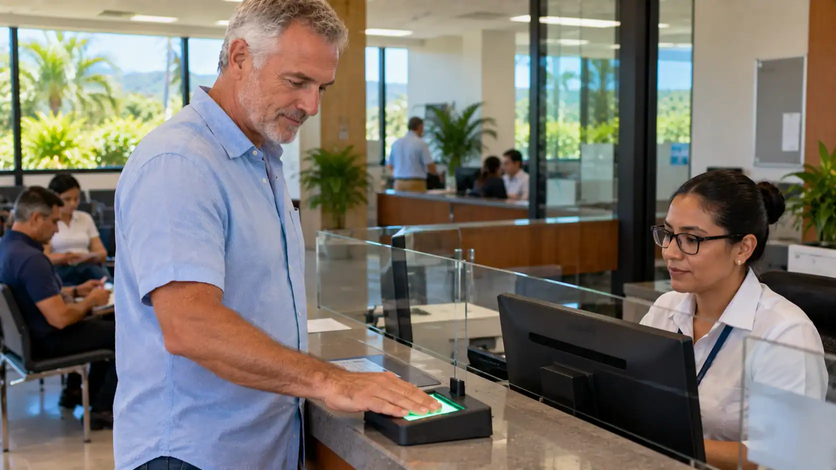 A man placing his fingers on a fingerprint scanner at a government counter