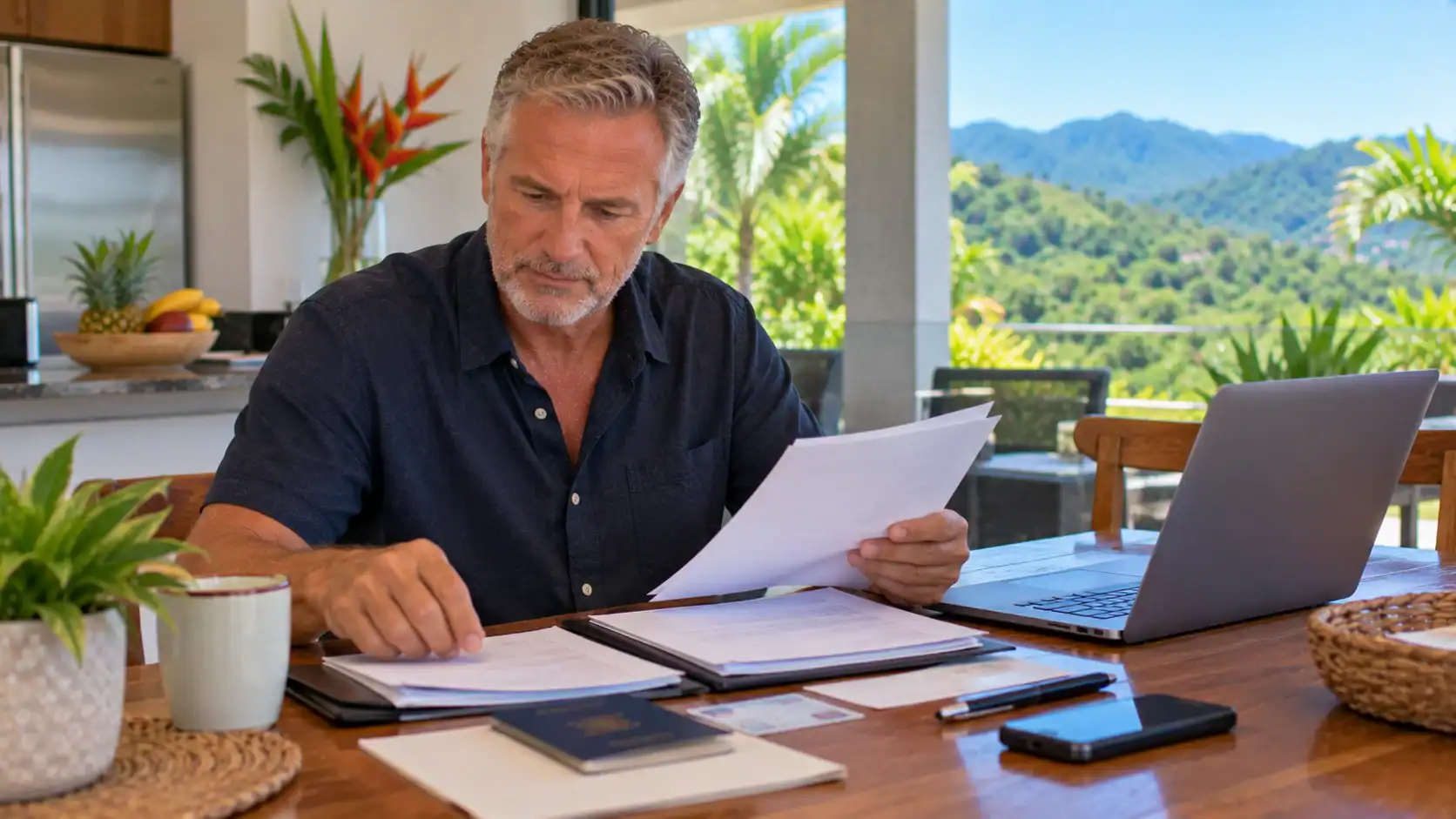A man preparing documents for a DIMEX appointment at his kitchen table