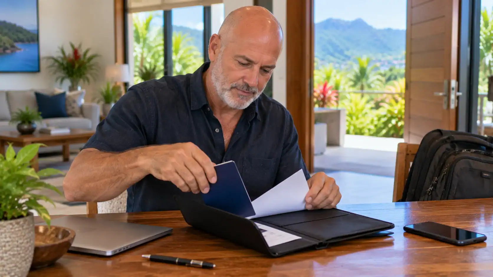 A man putting his passport and appointment papers in a folder before leaving home