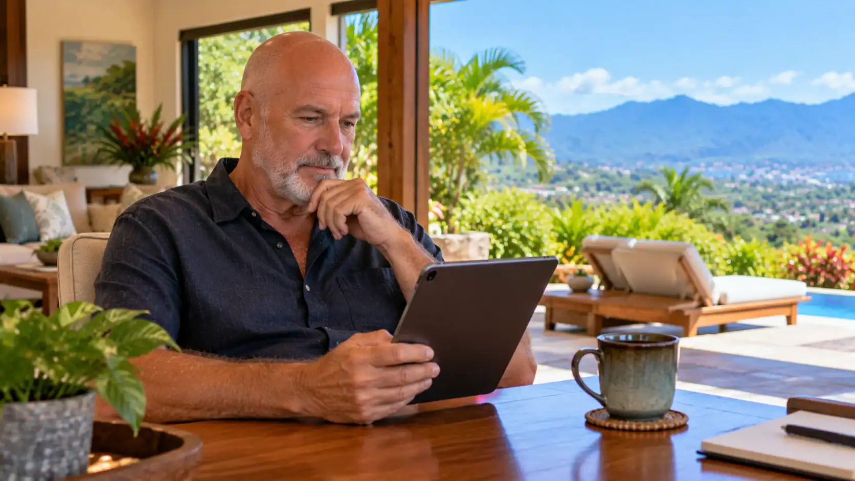 A man reading a financial news article on a tablet at home