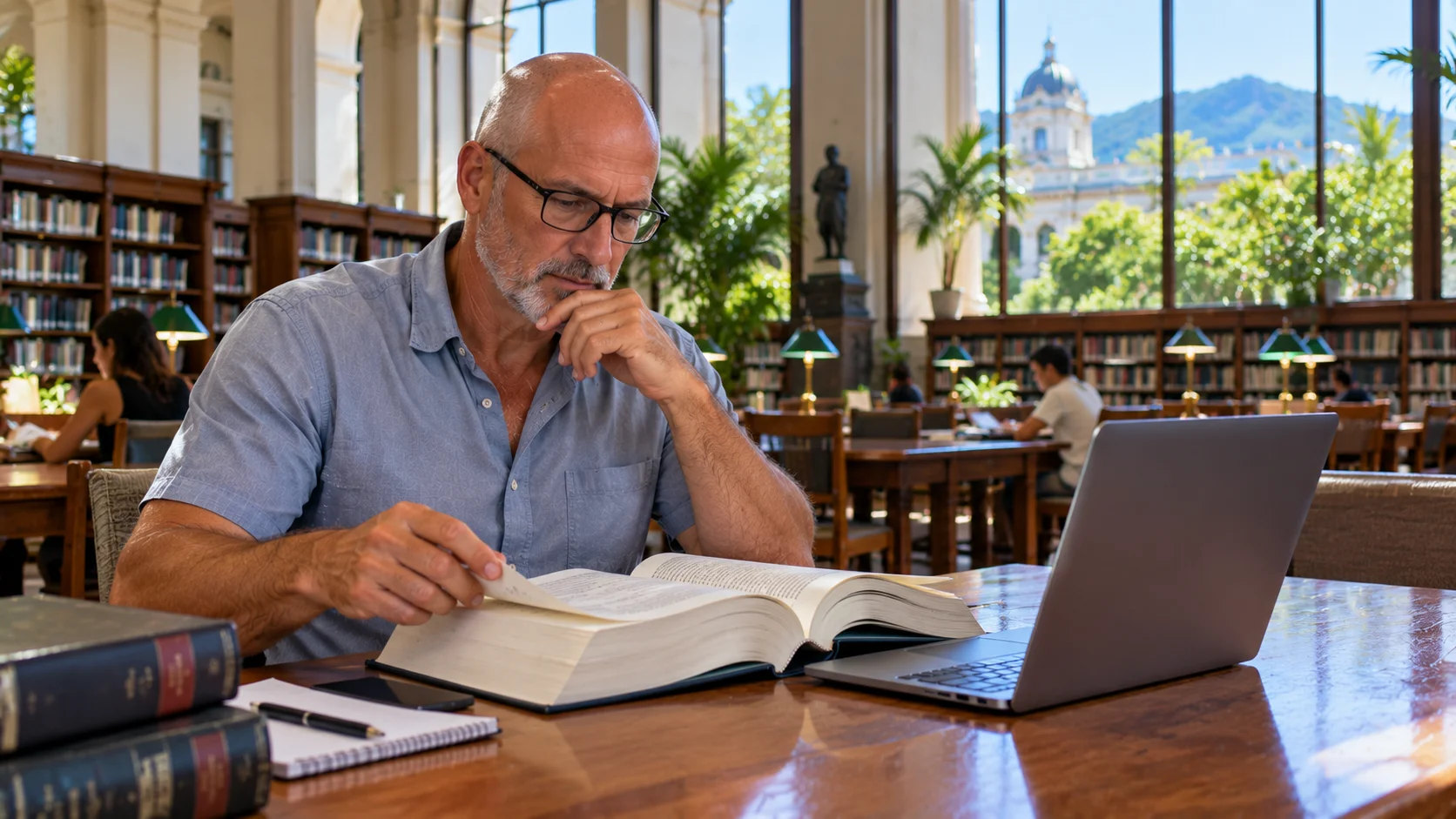 A man reading a law book with a laptop in a public library in San José