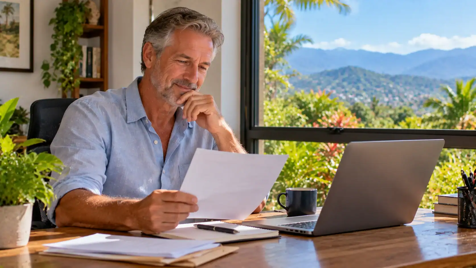 A man reading a letter about a category change at a desk by a window