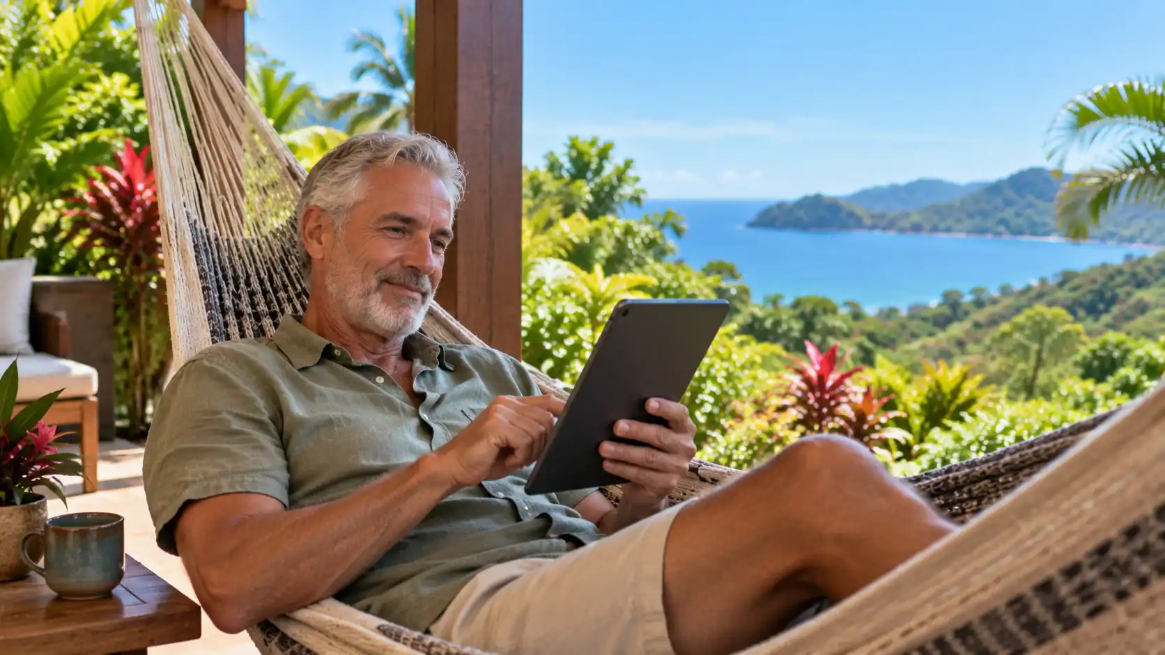 A man reading about Costa Rican customs on a tablet in a hammock