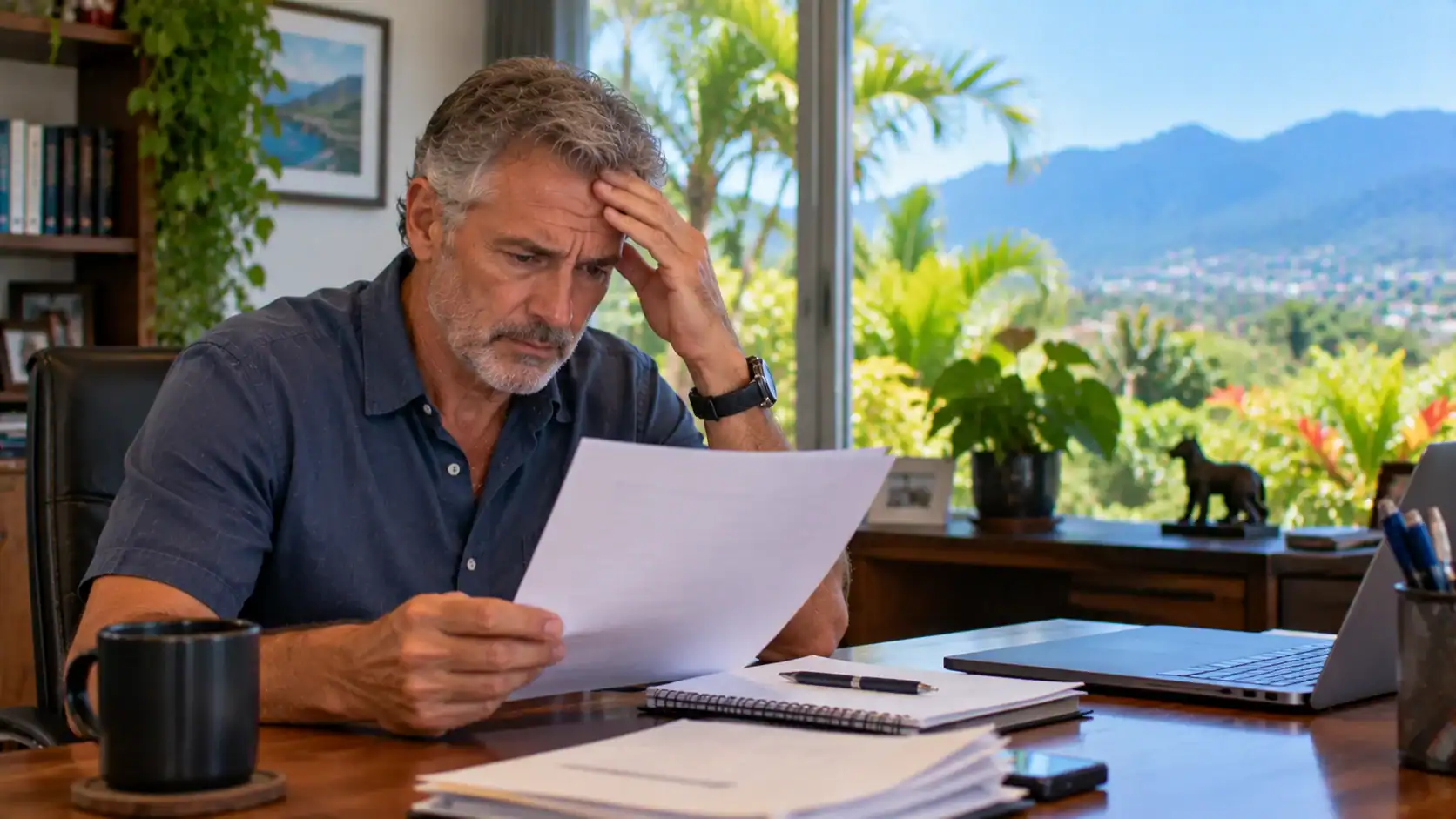 A man reading an official letter with a worried look at his home office