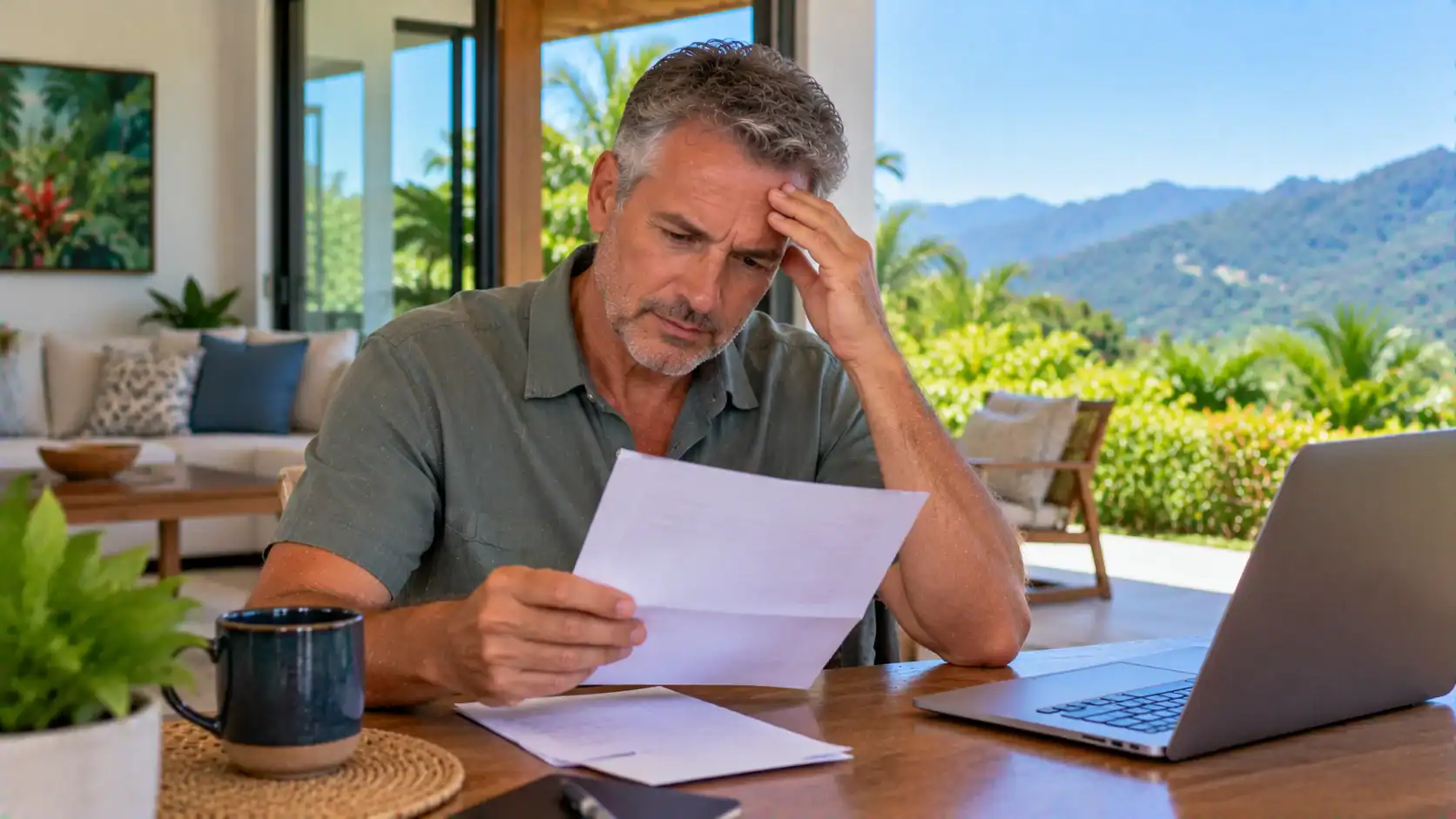 A man reading an official notice letter with concern at home