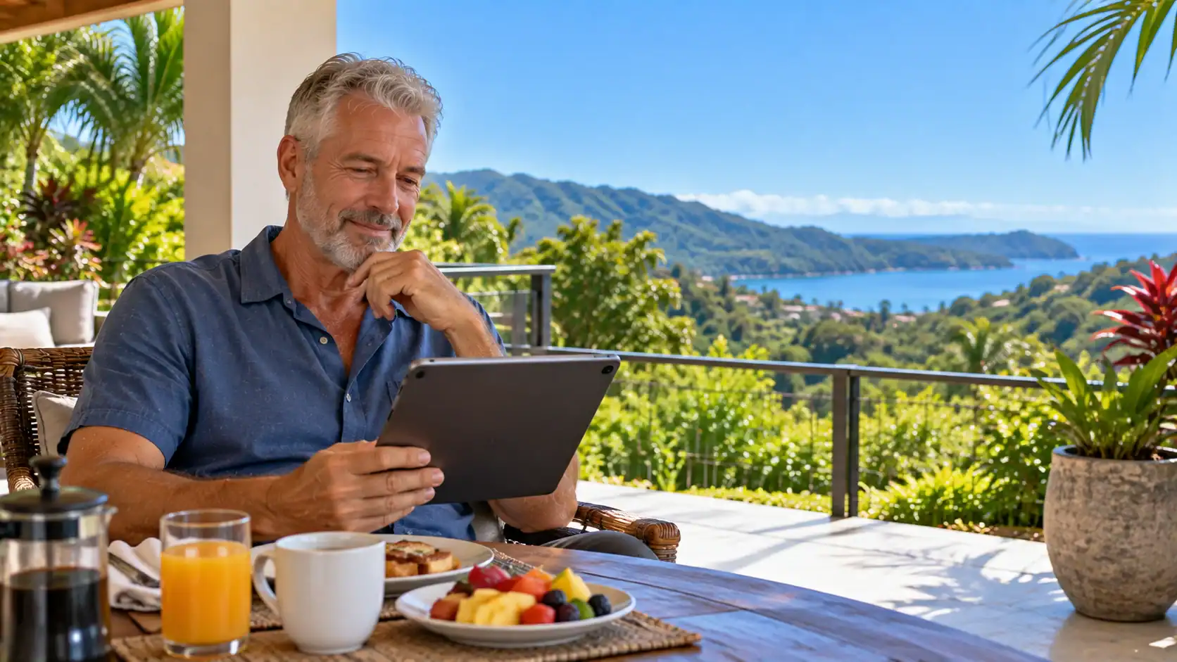 A man reading the news on a tablet over breakfast on his terrace