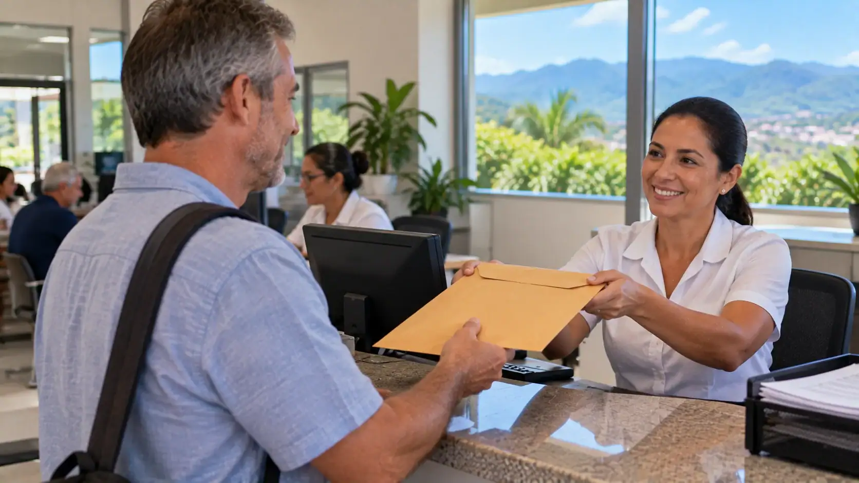 A man receiving a sealed document envelope at an office counter in Costa Rica