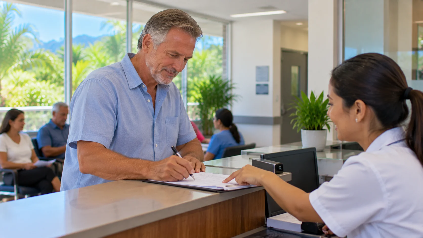 A man registering at a public clinic reception in Costa Rica