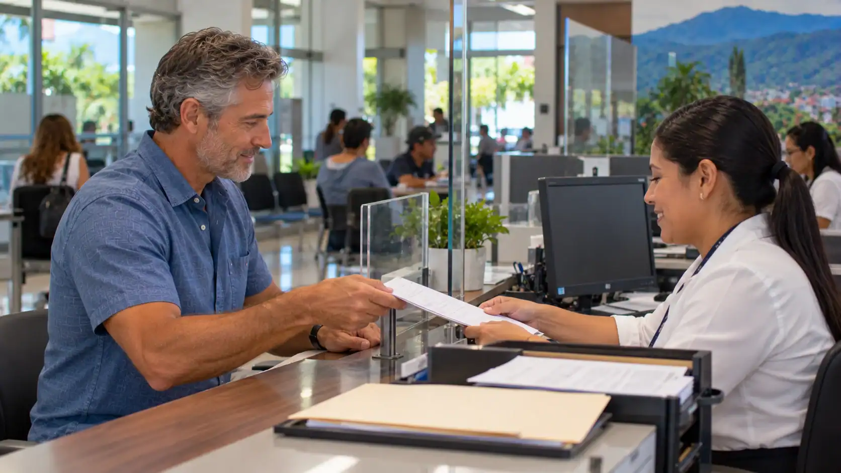 A man renewing his work papers at a service counter in a Costa Rican government office