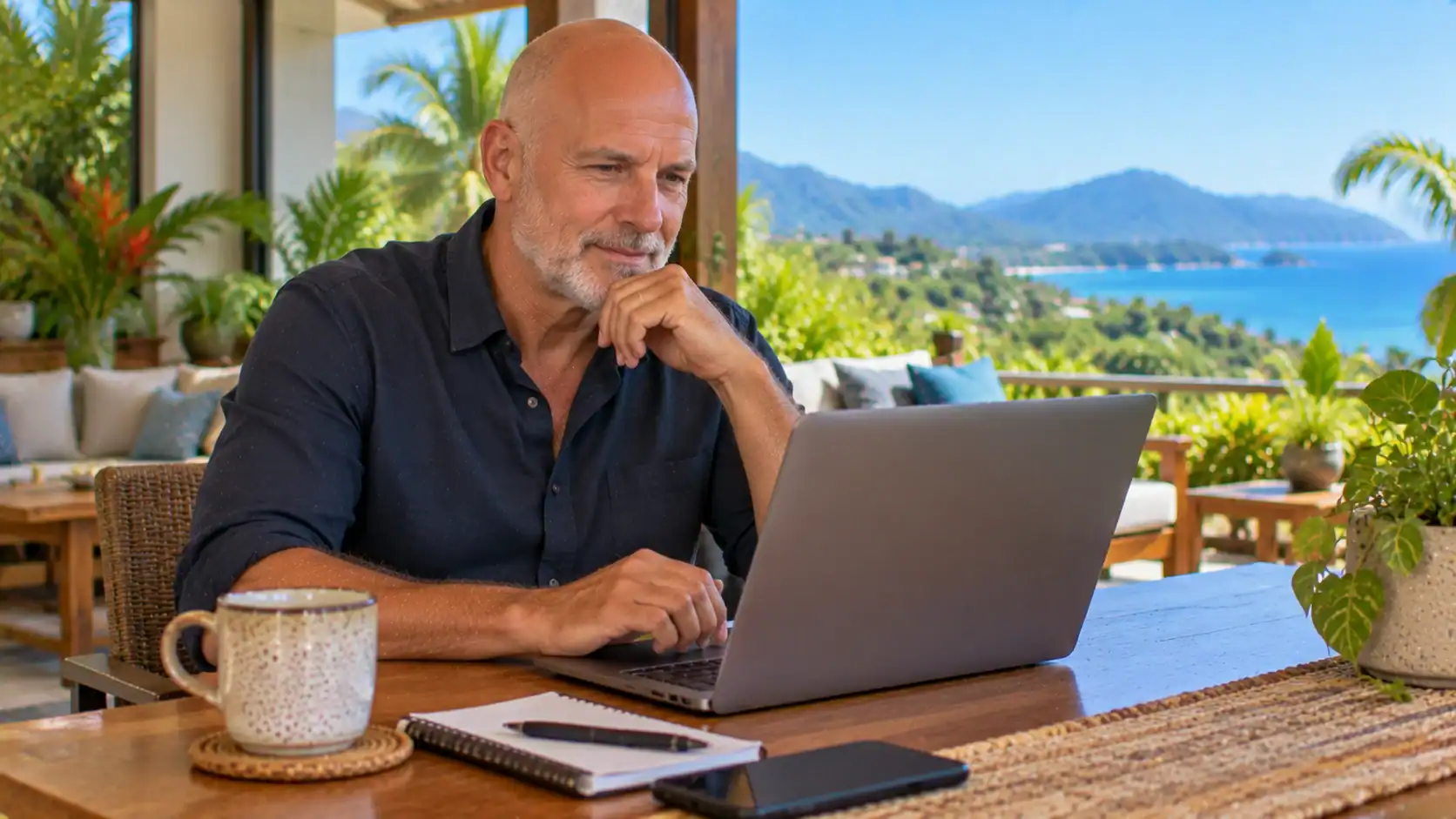 A man rereading an email on his laptop with a cup of coffee in Costa Rica