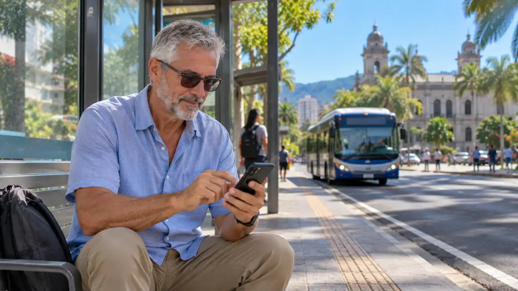 A man rescheduling an appointment on his phone at a bus stop in San José