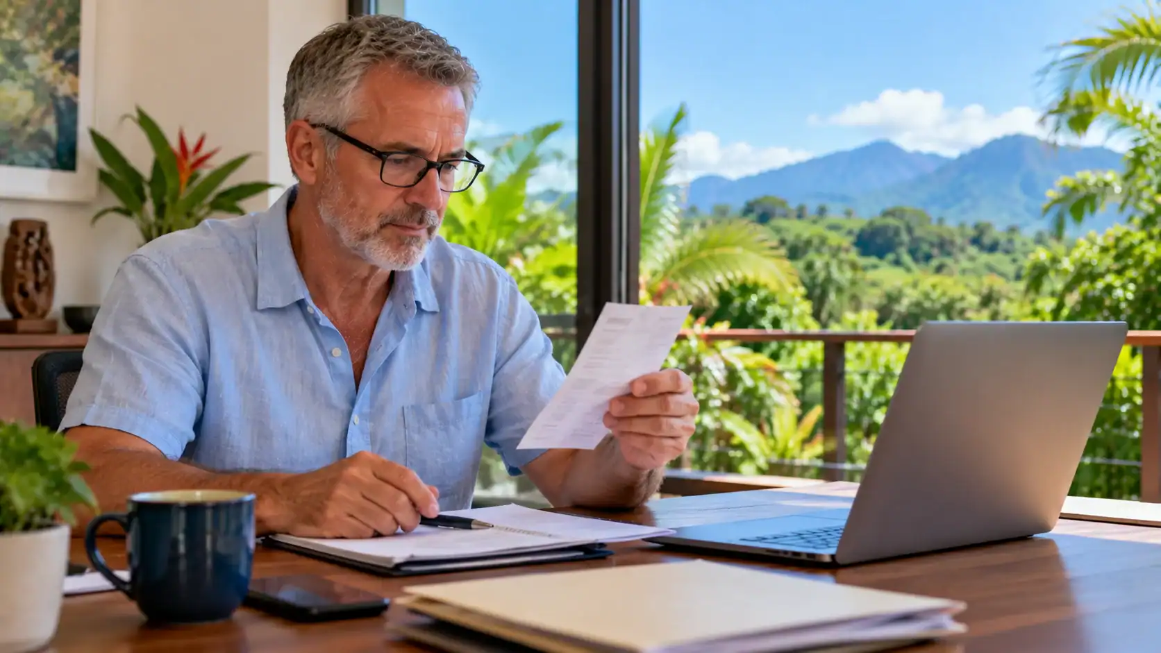 A man reviewing a bank deposit receipt for a residency application at a desk