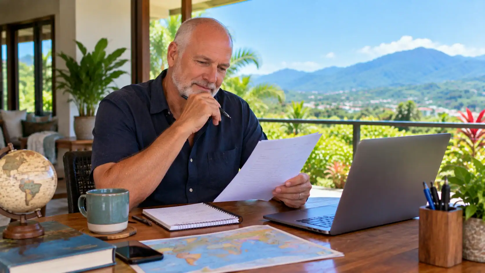 A man reviewing a list of countries he has lived in, laptop open on a desk