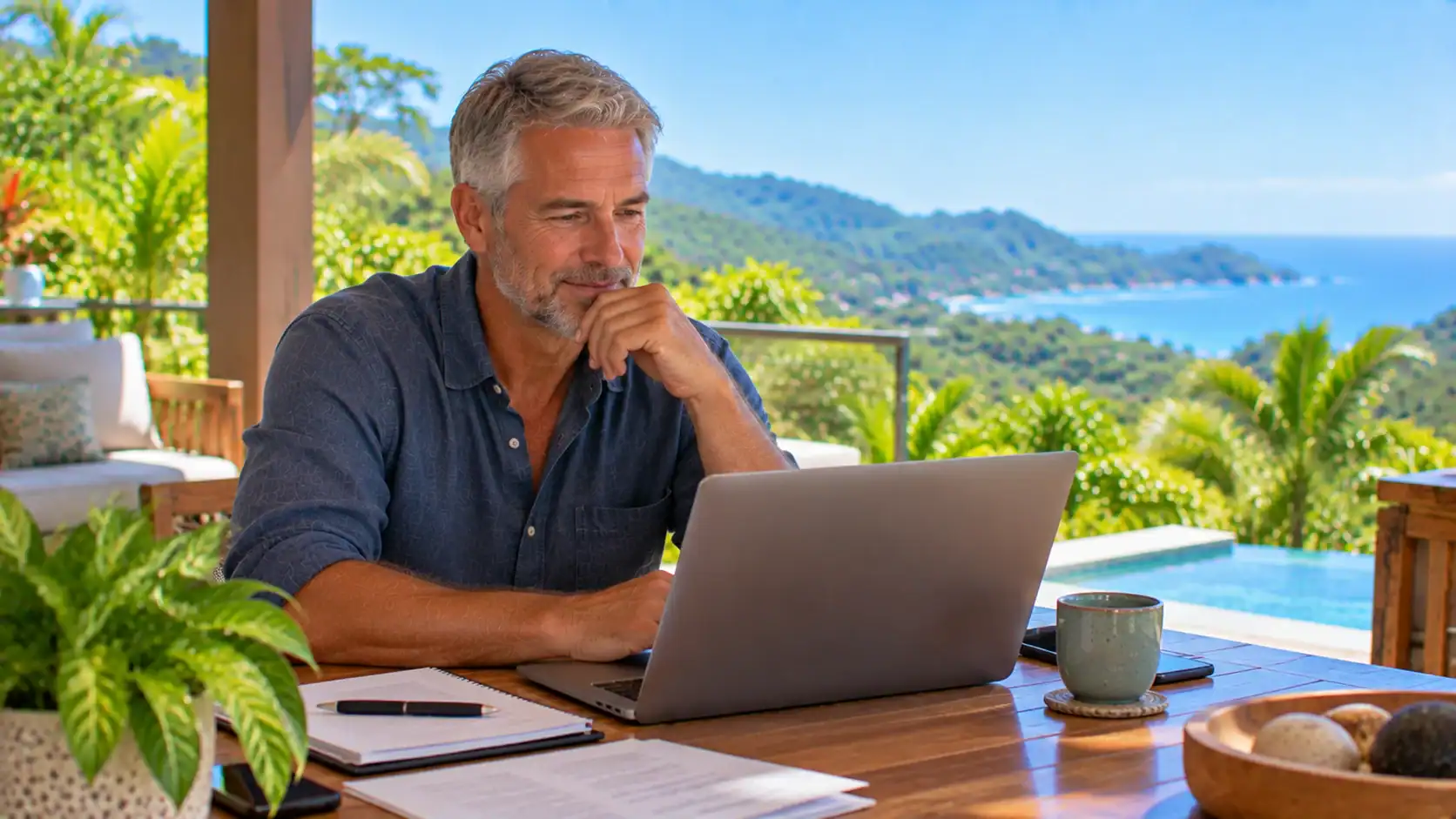A man reviewing banking and insurance options on his laptop on a terrace