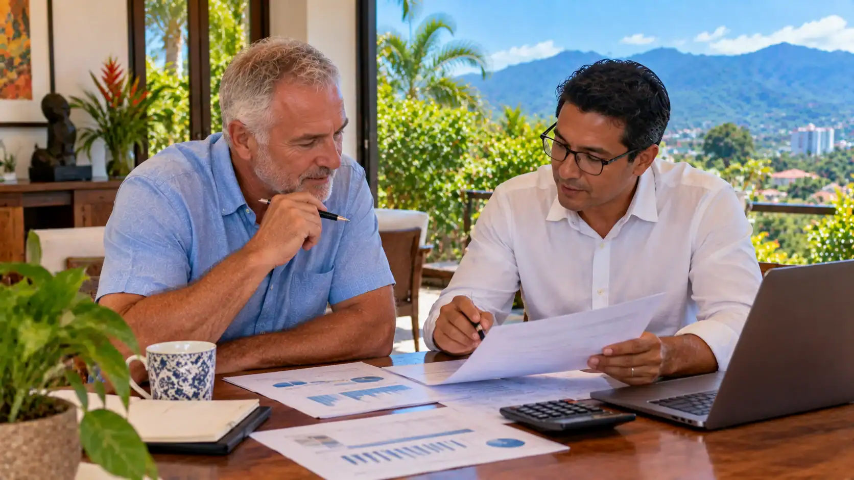 A man reviewing monthly income statements with an accountant in Costa Rica