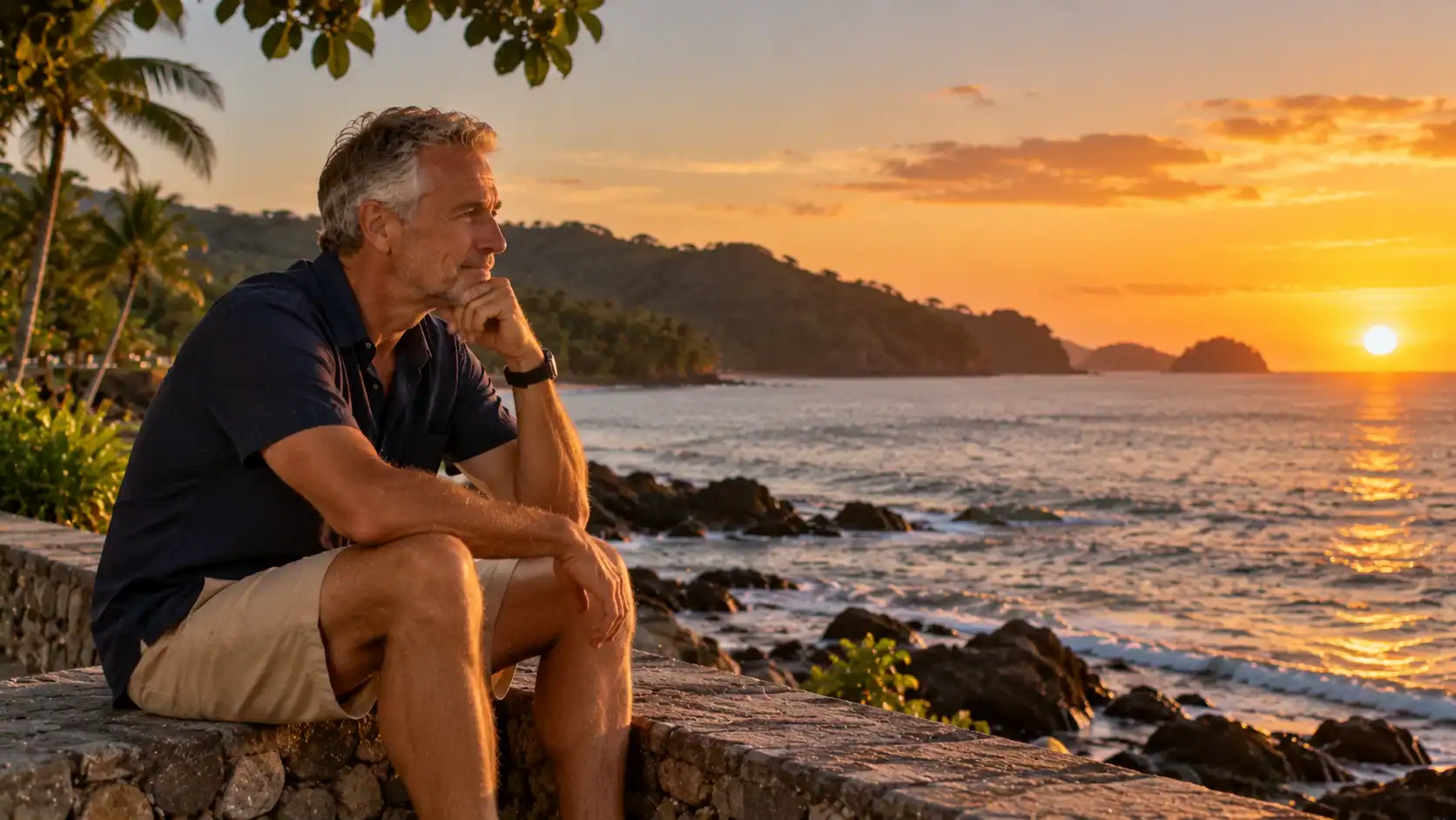 A man sitting thoughtfully on a seawall at sunset on the Pacific coast of Costa Rica