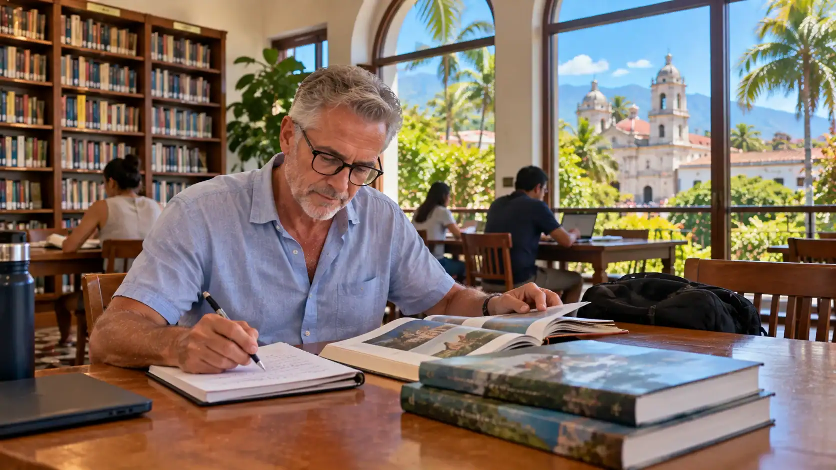 A man studying Spanish history books at a library table for his citizenship exam