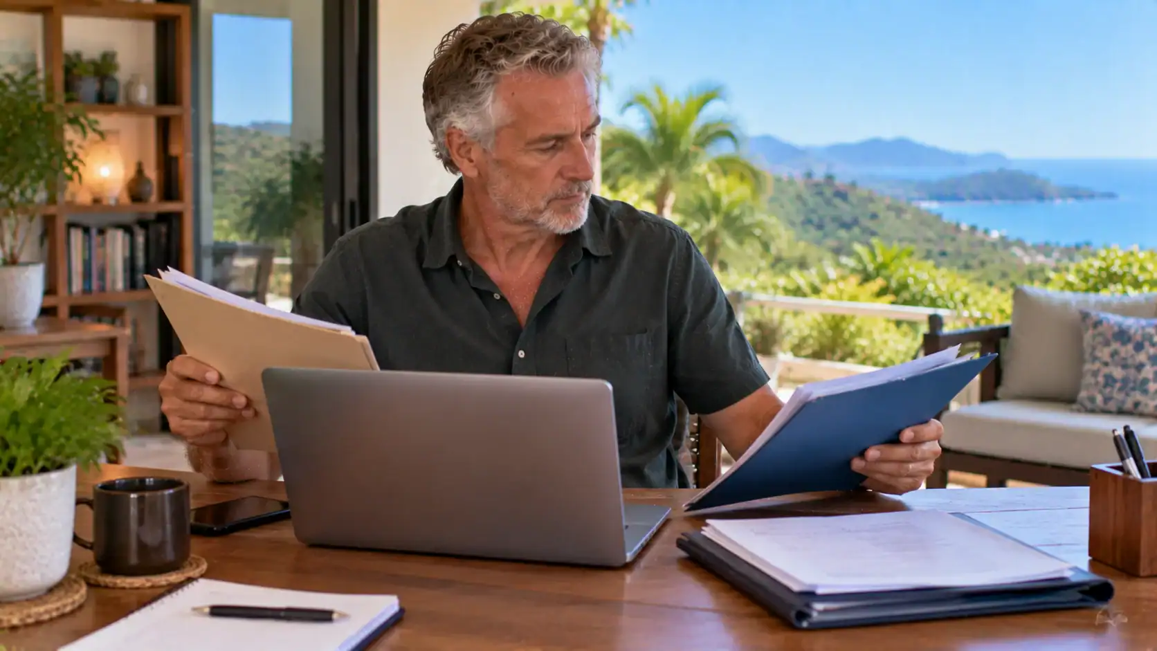 A man switching between two document folders on a desk with a laptop