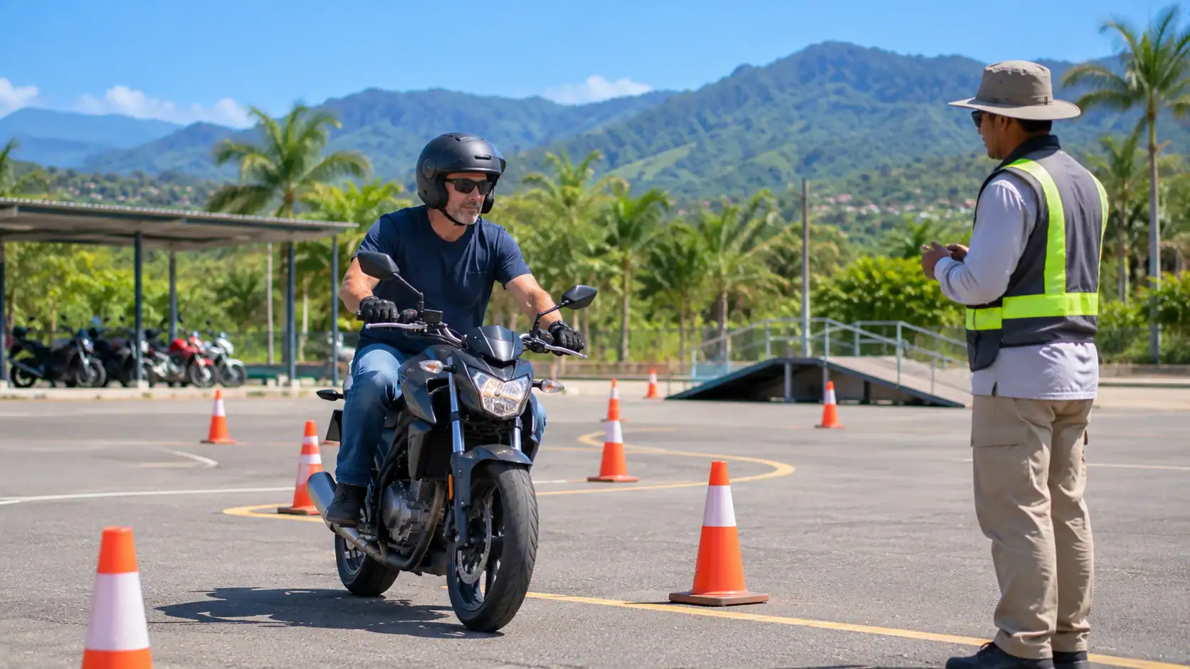A man taking a motorcycle riding test on a training course in Costa Rica