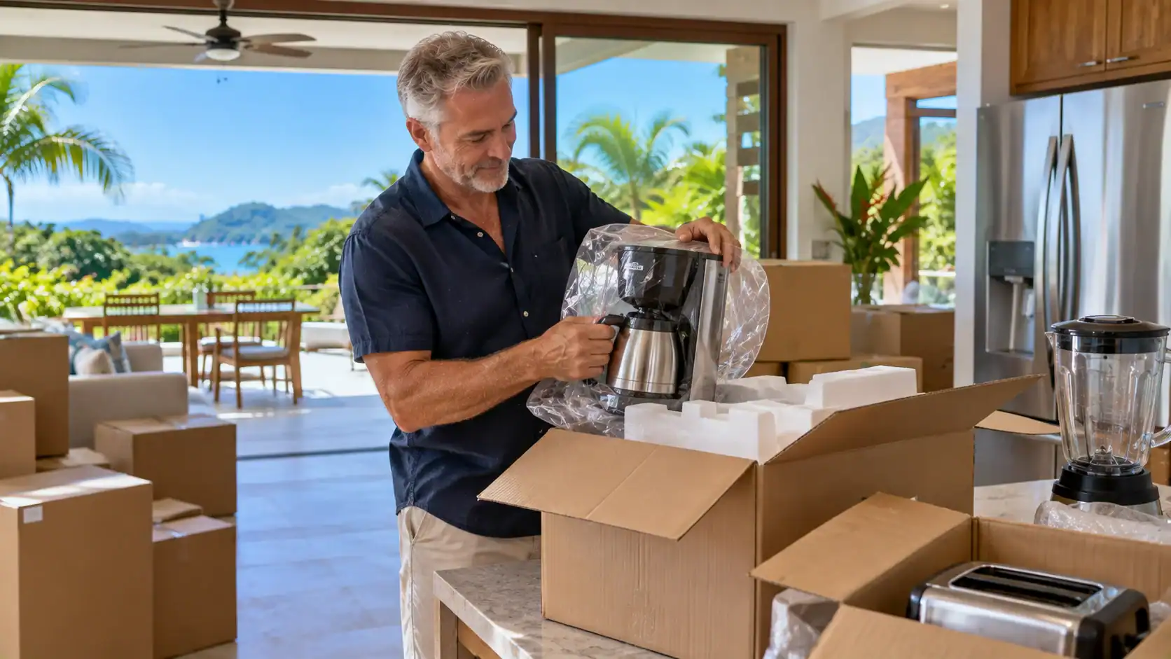 A man unpacking imported appliances from boxes in his new home in Costa Rica