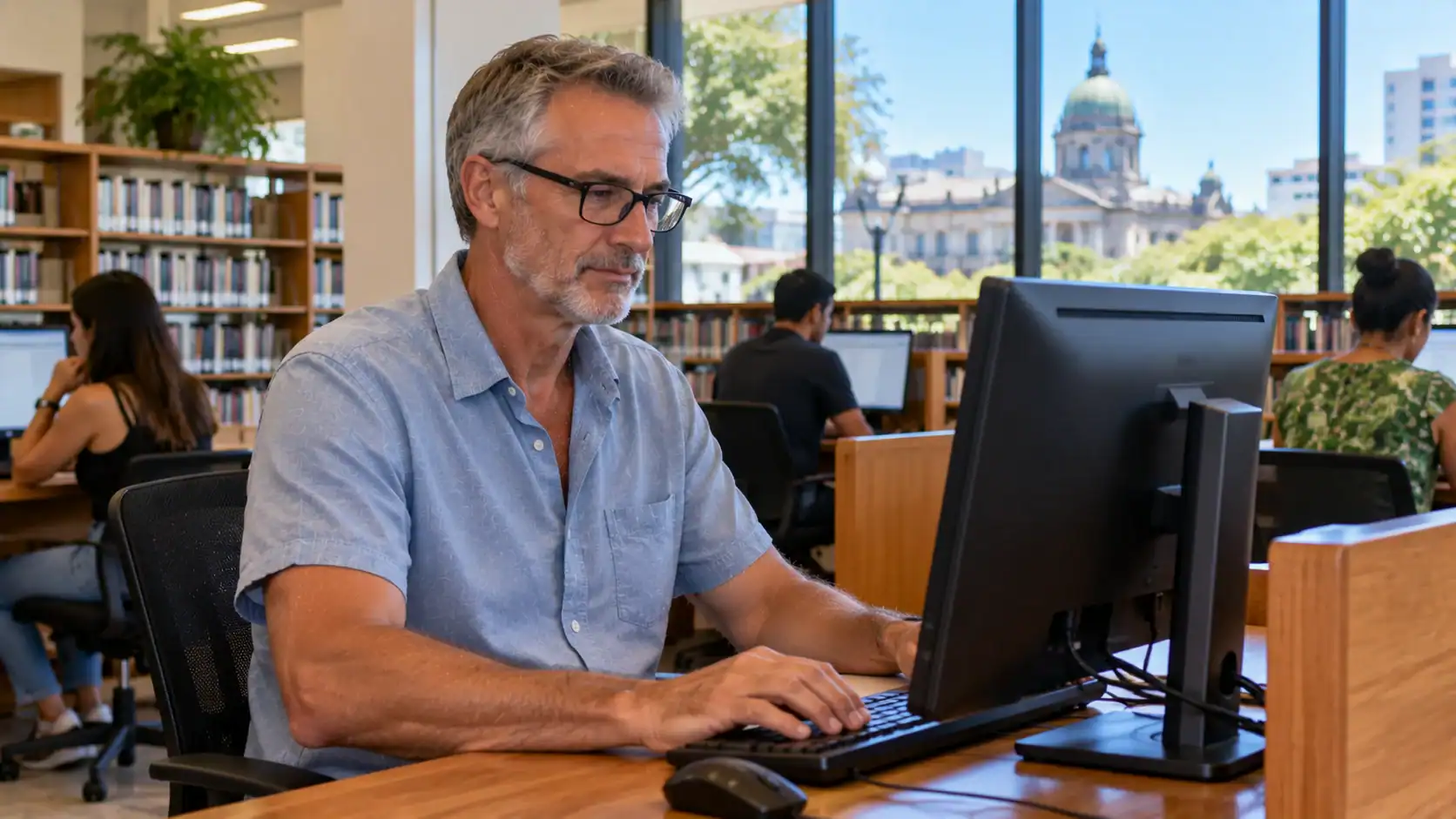 A man using a public computer in a library in San José