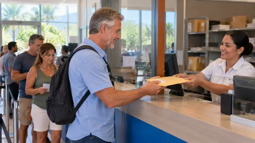 A man waiting at a post office counter to collect a document